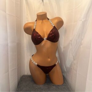 Npc pro cut bikini suit handmade burgundy 34d cup xs small crystal connectors